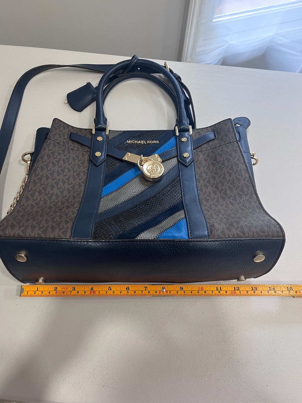 Michael Kors Hamilton Traveler Brown Navy Stripe Logo Leather Large Satchel - Picture 10 of 10